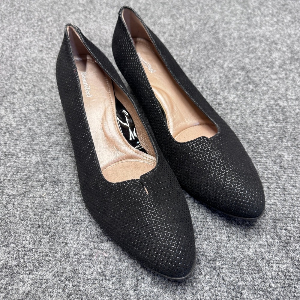 BeautiFeel Leather Pumps Womens 41 Black Textured Kitten Heel Professional Chic